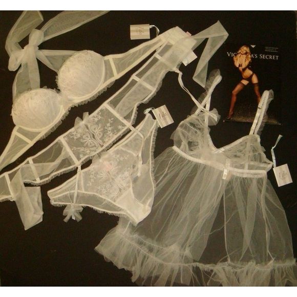 Victoria's Secret 32B BRA SET+GARTER Belt+BABYDOLL White Embroidered BRIDAL I DO